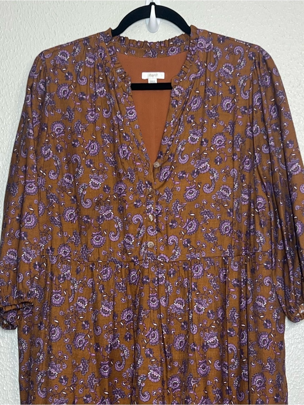 J Jill Maxi Dress Womens LP Large Petite Brown Floral Tiered Puff Sleeve - Picture 2 of 16